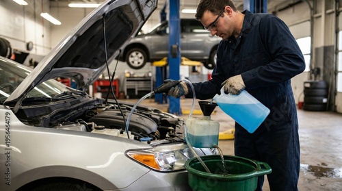 Mechanic draining windshield washer fluid and performing maintenance in an automotive shop