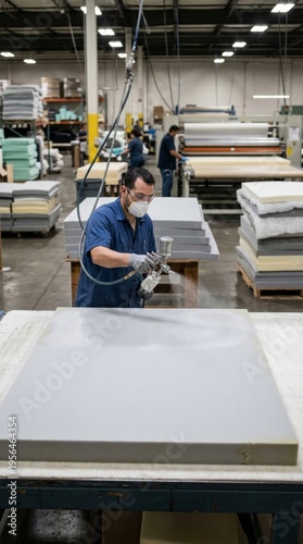 Worker in a mask applying adhesive to a large foam slab in a manufacturing facility, with padded materials in the background