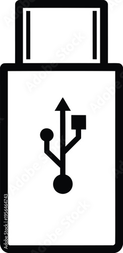 A minimalist black and white line art illustration of a standard usb flash drive storage device