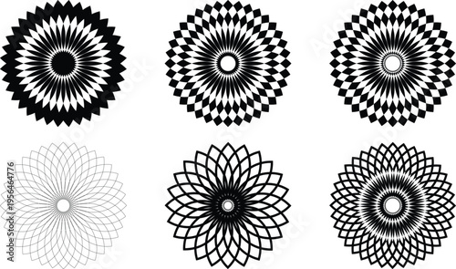 Black and white circular mandala flower geometric patterns with radial symmetry abstract artistic design decorative optical illusion ornamental art