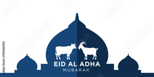 Eid al-Adha Mubarak vector illustration with mosque silhouette, cow, and goat for Islamic festival