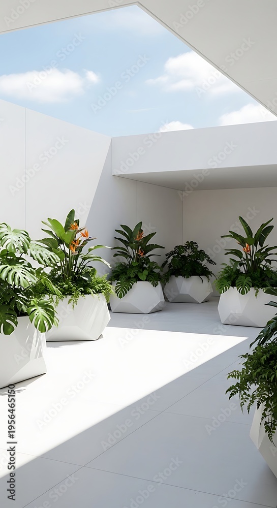 Fototapeta premium Modern white terrace with lush green potted plants and geometric planters under a bright blue sky with clouds