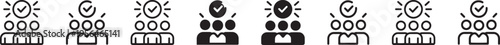 Customer loyalty and team confirmation icons set. Group of people with checkmark outline symbols. Vector illustration