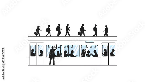 Commuting to Work Silhouettes Vector Men and Women Train Travel Lifestyle Illustration