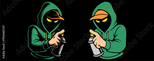 Pair of Green Graffiti Character Mascots Facing Each Other with Spray Paint Cans for Streetwear Design.