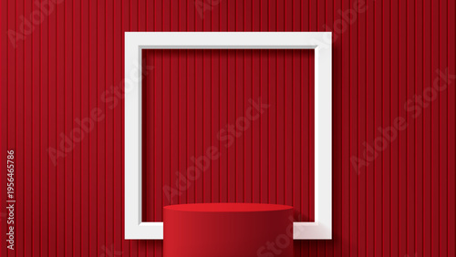 Minimalist light red podium with white frame for product presentation