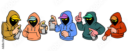 Five Diverse Graffiti Artist Characters in Different Colors with Dynamic Poses for Modern Apparel.