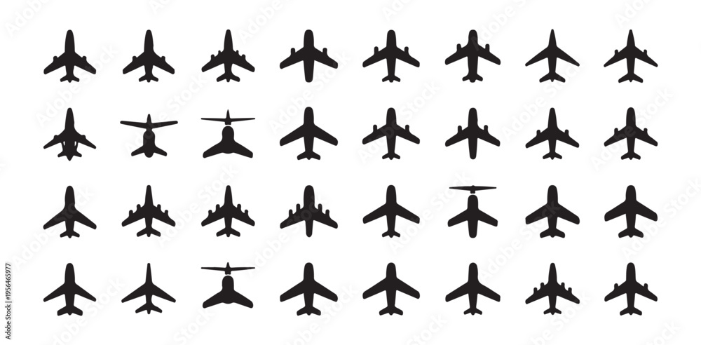 Fototapeta premium Solid black aircraft icons for flight mapping aviation industry and travel agency branding