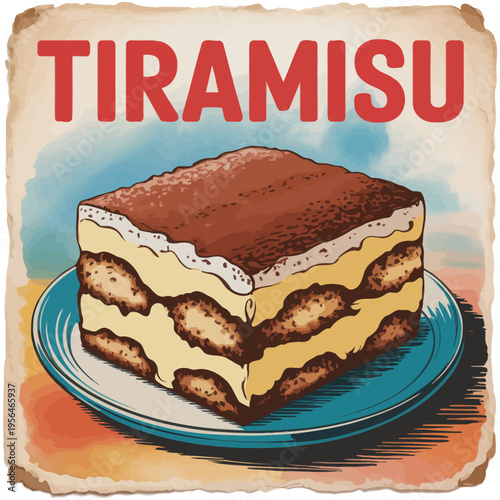 Vintage Tiramisu Dessert Illustration on Plate Keywords: tiramisu, dessert, cake, italian, food