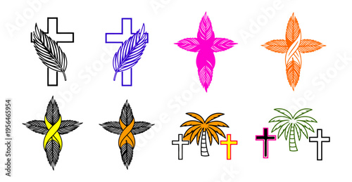 Palm Cross vector set icon sheet colorful christian icons palm leaves crosses spring holiday graphics religious symbols easter holy week church design asset editable clipart art