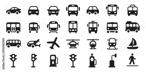 City transport icons featuring various cars buses trucks and infrastructure graphic symbols