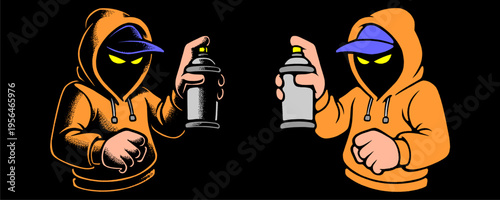 Two Orange Graffiti Artist Mascots in Mirrored Poses with Spray Cans and Mysterious Urban Masks.