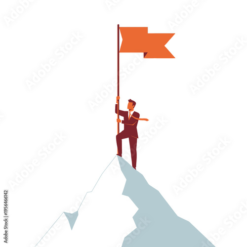 Man Reaching Summit Flag Success Achievement Business Goal Peak Mountain Illustration Vector Graphic Design Stock Footage