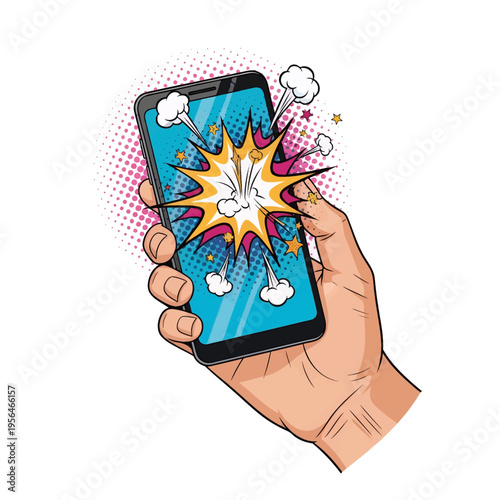 Exploding Phone Comic Art Pop Illustration Hand Holding Device Technology Failure Digital Damage Vector Graphic Cartoon Style