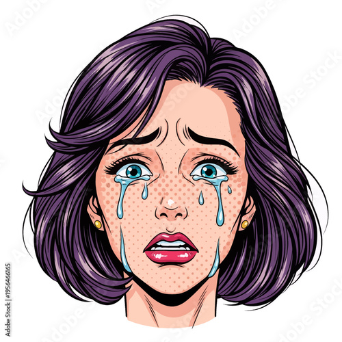 Crying Woman Pop Art Illustration Emotional Distress Portrait Vector Graphic Design Sadness Expression Comic Style Artwork