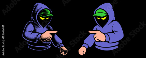 Two Purple Graffiti Character Mascots Facing Each Other with Spray Cans and Mysterious Expressions.