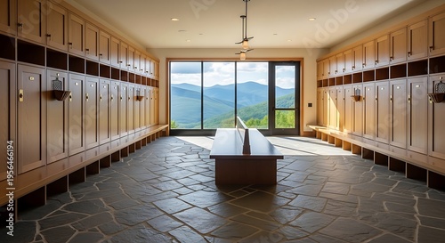 Luxurious locker room with stunning mountain view and wooden lockers, a central bench, and stone floor, offering a serene and upscale retreat.