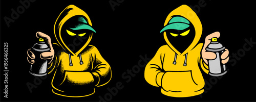 Dynamic Pair of Yellow Graffiti Artist Mascots in Different Poses Featuring Bold Urban Outlines.