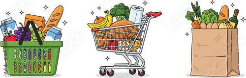 Cartoon grocery shopping basket, cart, and paper bag filled with fresh fruits, vegetables, bread, milk, packaged goods, and household items