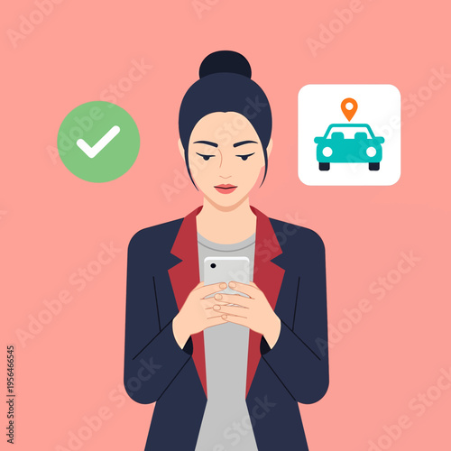 Woman Using Ride Sharing App on Phone - Taxi Booking Confirmation and Location Icon Illustration Vector Graphic Design
