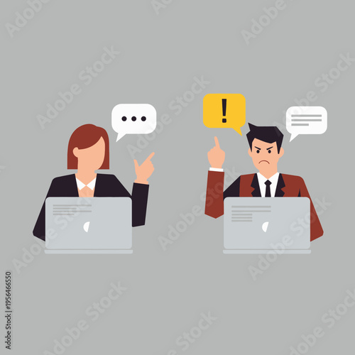 Business Disagreement Illustration Two Professionals Arguing Over Laptop Conflict Resolution Workplace Debate Cartoon Vector Graphic Design