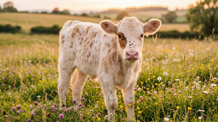 A white cow with brown spots stands in a field of wildflowers at sunset