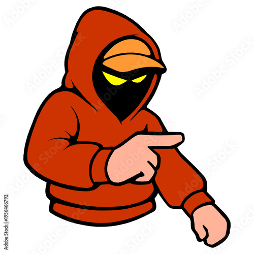 Graffiti Writer Mascot in Red Hoodie with Pointing Hand Gesture and Urban Mask.