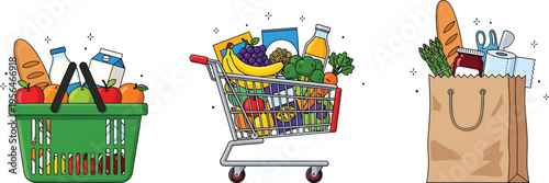 Healthy grocery shopping basket, cart, and paper bag filled with fresh fruits, vegetables, bread, milk, and household essentials illustration