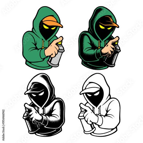 Collection of Four Green Graffiti Mascot Characters Including Full Color and Minimalist Outline Styles.