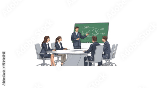 Office Meeting Presentation Illustration Vector Five Business People Explaining on Green Board Team Discussion