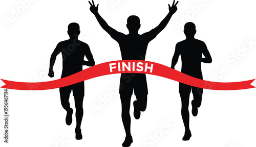 Silhouette of three runners competing in a race with the winner crossing the red finish line ribbon, victory concept