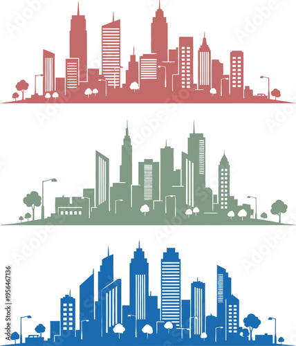 Modern colorful city skylines illustration with red, green, and blue urban landscapes featuring high rise buildings, cars, trees, lamps