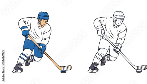 Professional ice hockey player skating with puck and stick vector illustration set, featuring both colored and line art outline versions for sports design, branding, and logo creation.