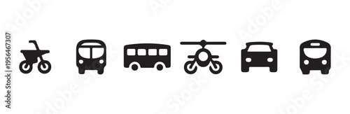 Public transportation vehicle silhouettes featuring bus car bike and helicopter icon set
