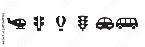 Traffic management and aerial transport icons with balloon helicopter and signal light set