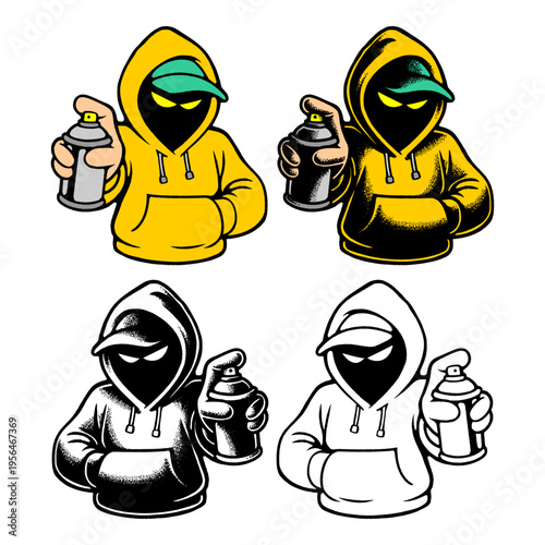 Quad Collection of Yellow Graffiti Artist Mascots Showcasing Colorful and Outline Vector Versions.