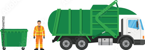 Front load garbage truck with green waste container and worker in safety uniform, professional waste management vector illustration set