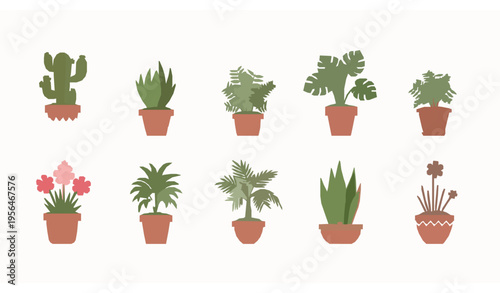 Flat potted plants vector set nine houseplants flowers minimal indoor plant collection