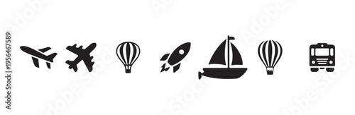 Set of black transport icons including airplanes hot air balloons rocket sailboat and bus
