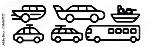 Set of modern vehicle line icons showing sedan car boat van and long bus silhouette designs
