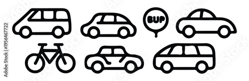 Car icons and transport illustrations: van, sedan, bicycle, station wagon, SUV