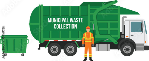Green municipal waste collection truck with garbage bin and worker in orange uniform for urban sanitation and recycling services