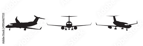 Commercial private jet aircraft silhouettes from side front and perspective view positions