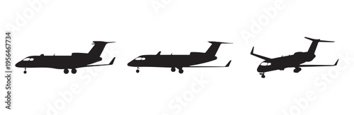 Side profile and three quarter view silhouettes of modern executive business jet aircrafts