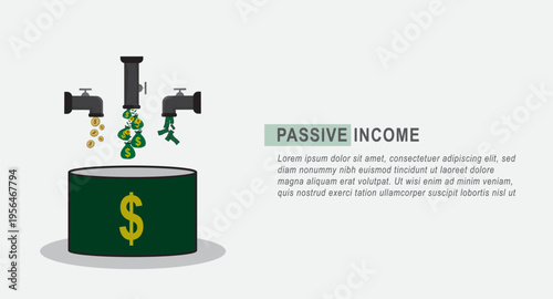 Flat vector illustration of passive income concept with pipes pouring coins, cash, and money bags into a container, representing multiple income streams, financial growth, investment, 
