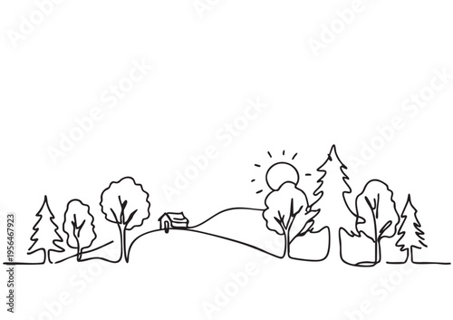 Vector line art, illustration in forest, trees. Doodles sketch landscape