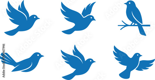 Set of blue bird silhouettes, flying and perched on branches, elegant avian icons for nature, freedom, and wildlife design