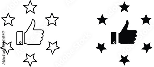 Set of customer review icons with thumbs up and five stars, feedback rating and satisfaction symbols, flat vector illustration isolated.