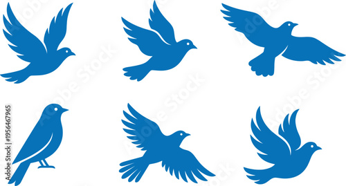 Blue bird silhouettes in various flying and perched poses, set of minimalist avian vector icons for nature and wildlife design, 18 words