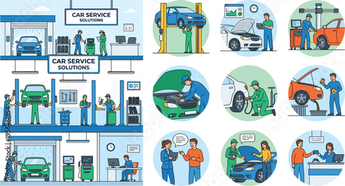 Comprehensive car service solutions featuring professional mechanics performing engine repairs oil changes washing and automotive diagnostics.